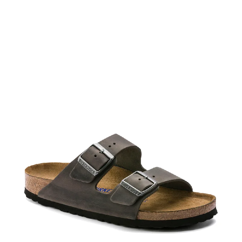 Feminine and romantic women's shoe designsBirkenstock Arizona Oiled Leather Soft Regular Footbed Sandal in Iron Grey