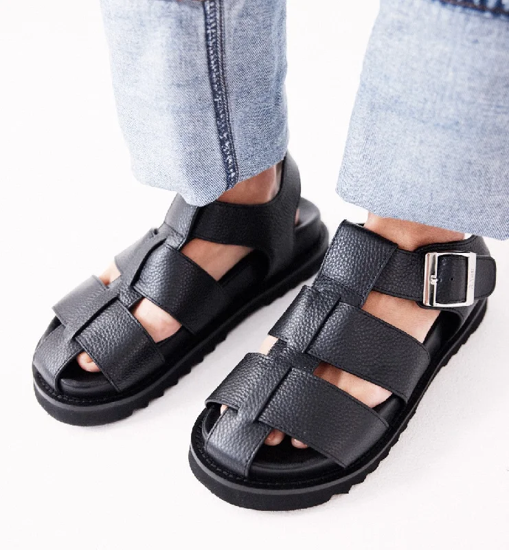 Elegant and sophisticated women's shoes for any formal eventArkestra 2.0 Fisherman Sandal Tumbled Leather | Black