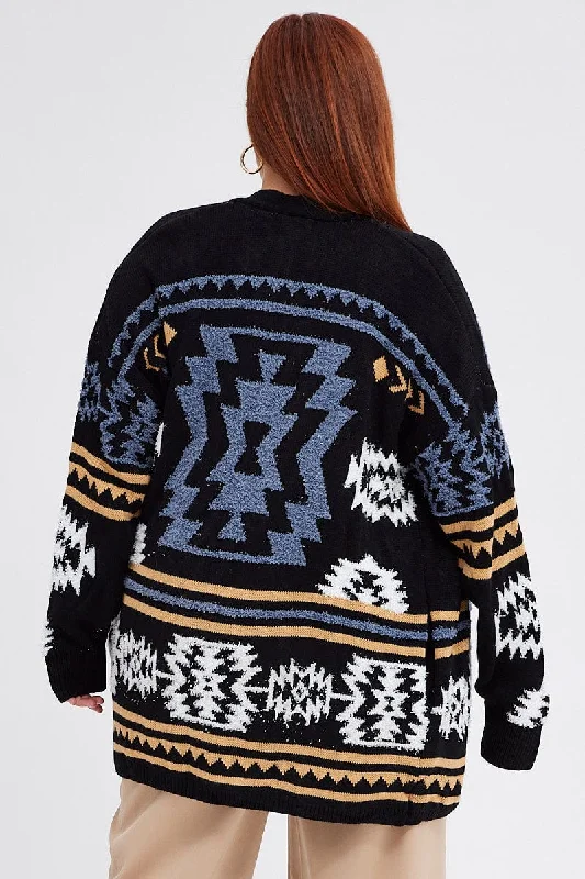 Black Aztec Longline Cardigan Long Sleeve