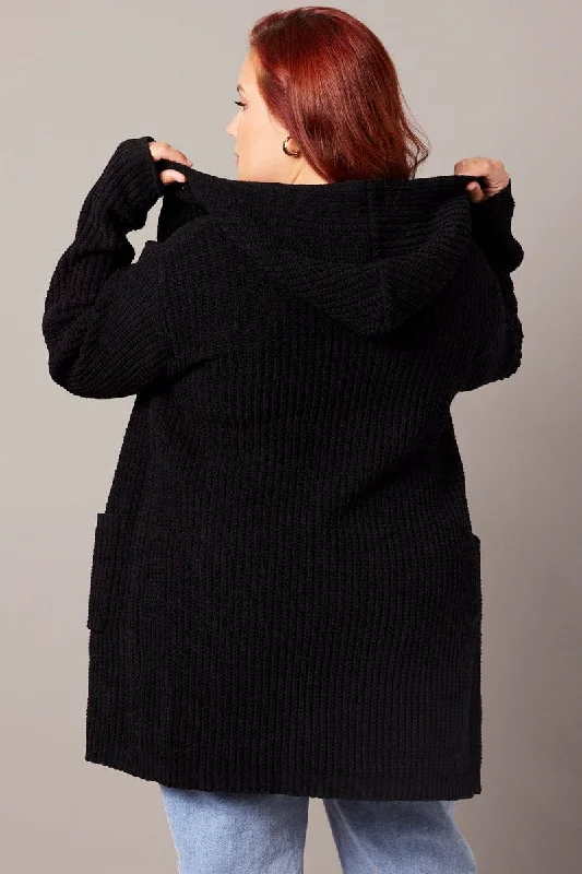 Black Knit Cardigan Hooded Longline Chenille