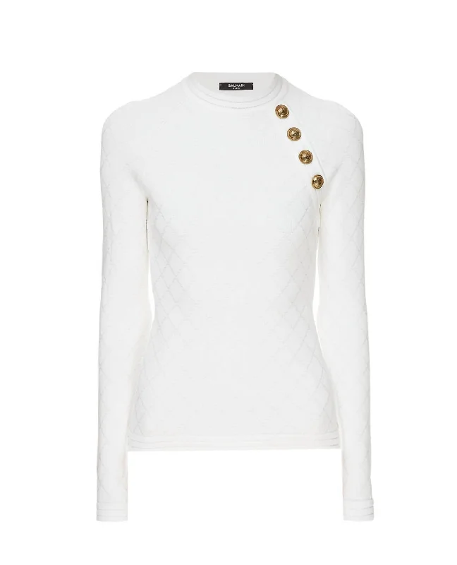 Button Detailed Diamond Knit Top In White