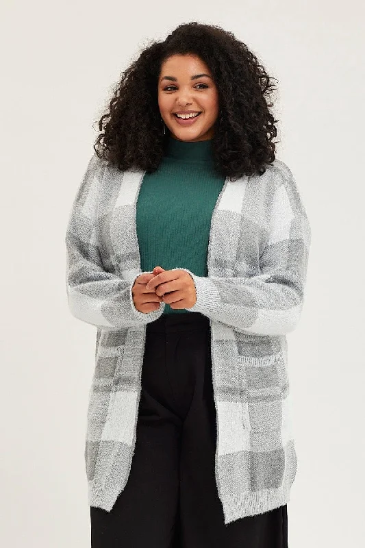 Check Knit Cardigan Long Sleeve Longline