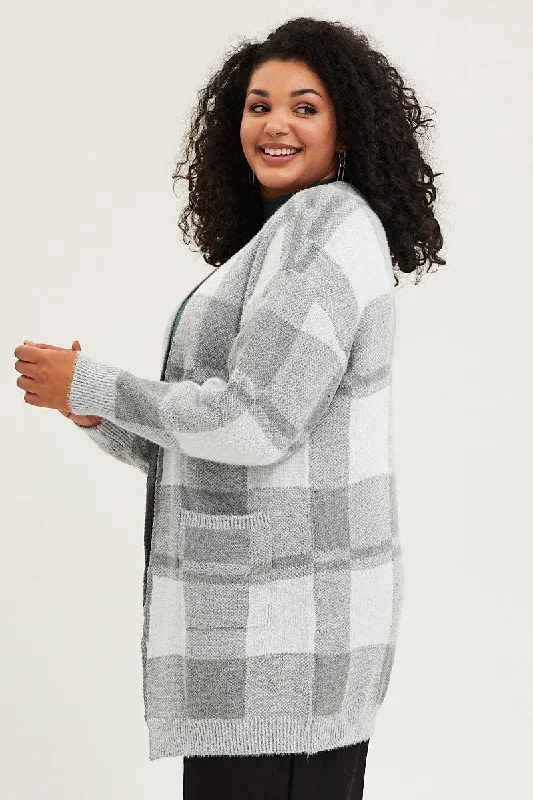 Check Knit Cardigan Long Sleeve Longline