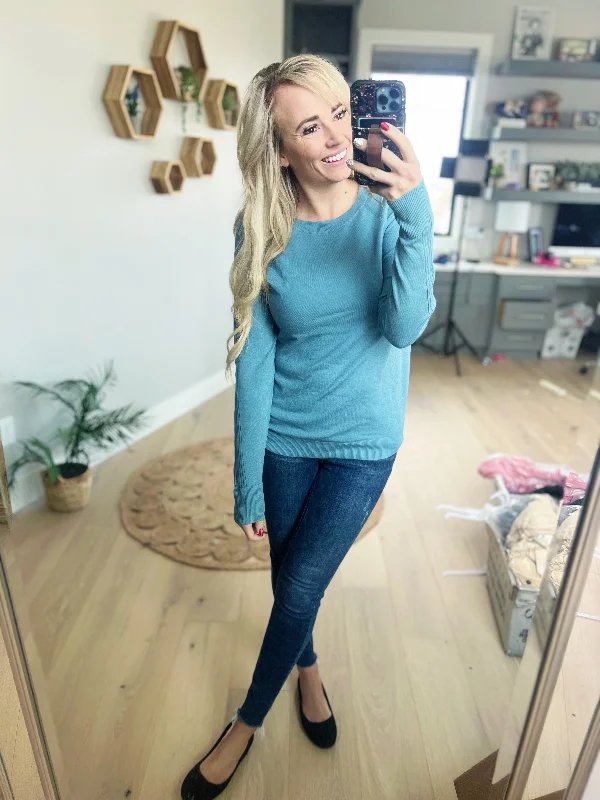 Surprise For You Long Sleeve Crew Neck Top in Dusty Blue