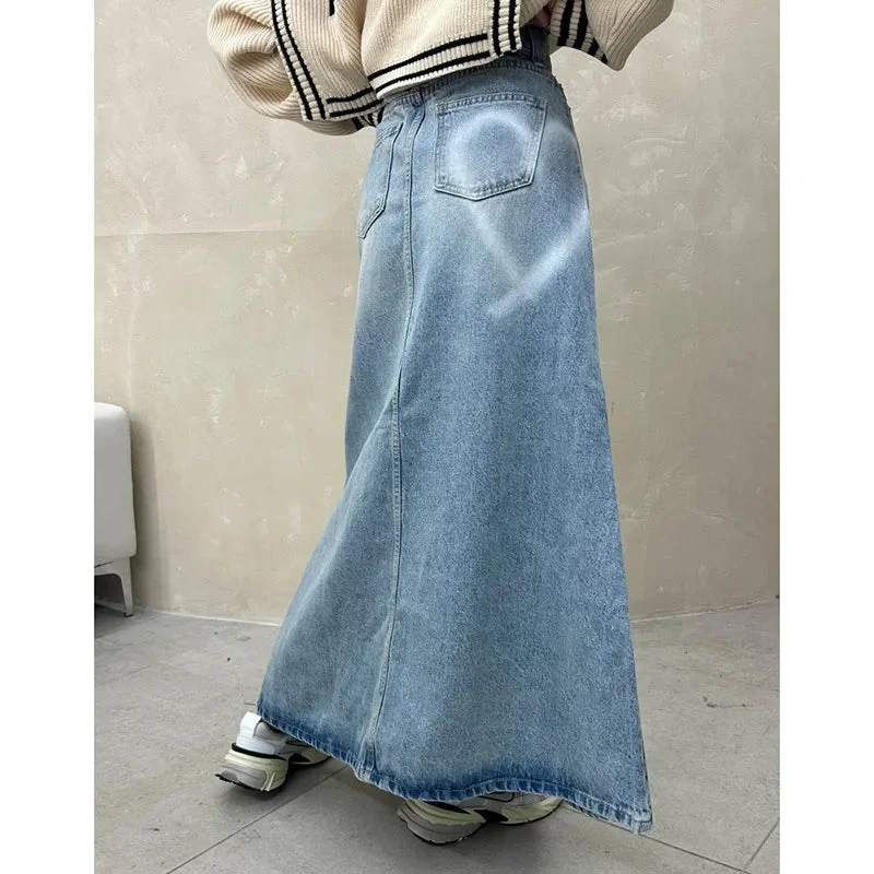 Vintage Denim High Waist Casual A-line Skirt Pants