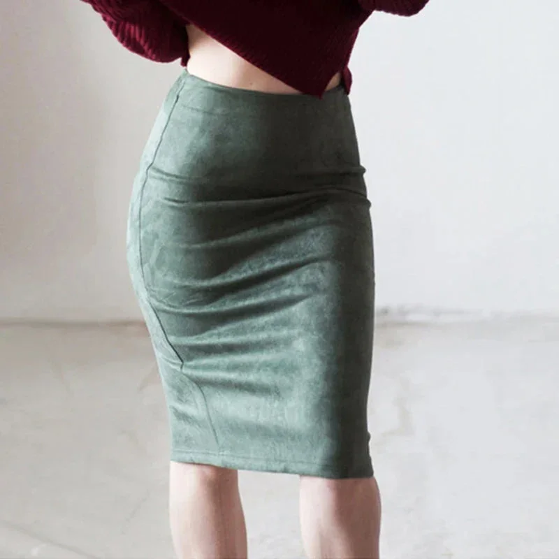 Suede Color Vintage Split Pencil Skirt