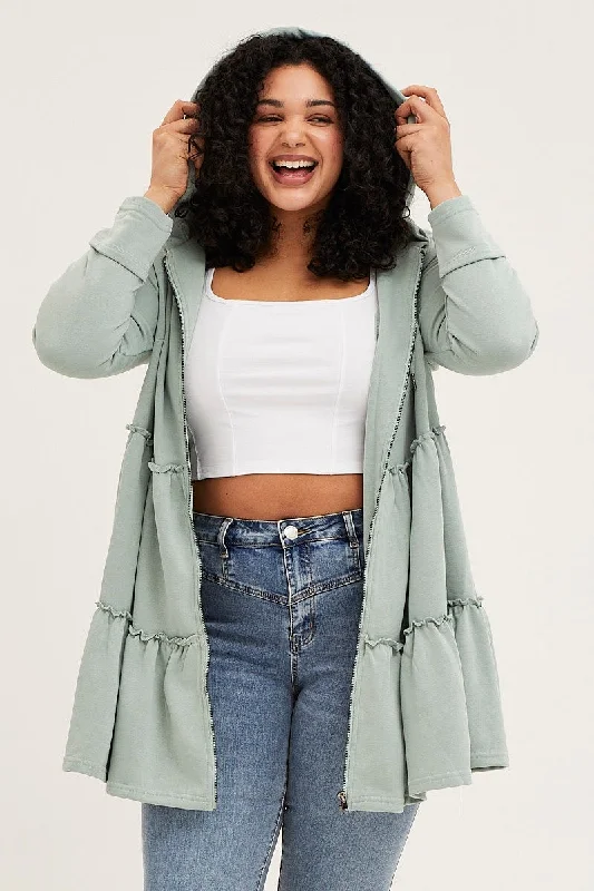 Green Long Sleeve Tiered Hoodie Longline Cardigan