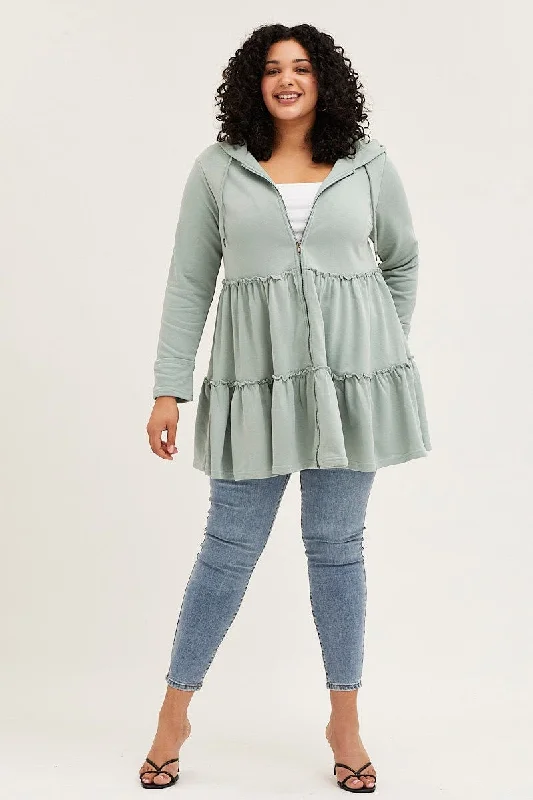 Green Long Sleeve Tiered Hoodie Longline Cardigan