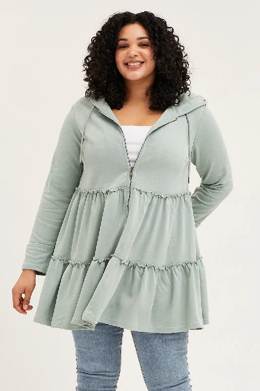 Green Long Sleeve Tiered Hoodie Longline Cardigan