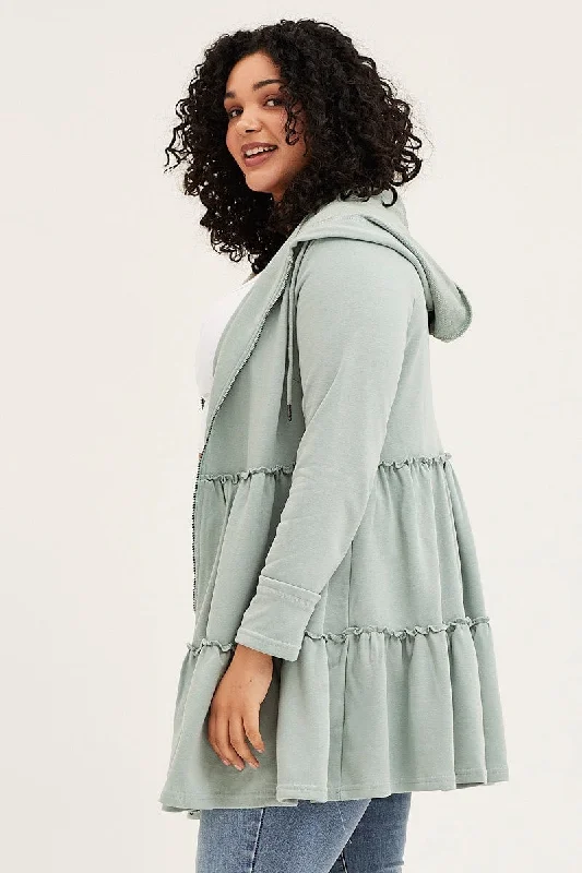 Green Long Sleeve Tiered Hoodie Longline Cardigan