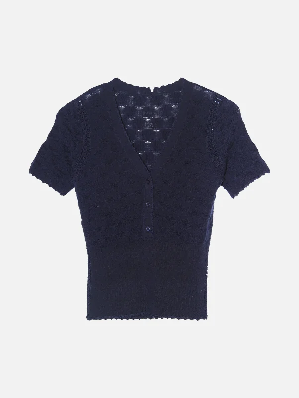 Mila Pointelle V-Neck Sweater in Navy