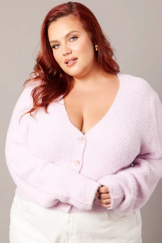 Pink Fluffy Knit Cardigan Long Sleeve V-neck