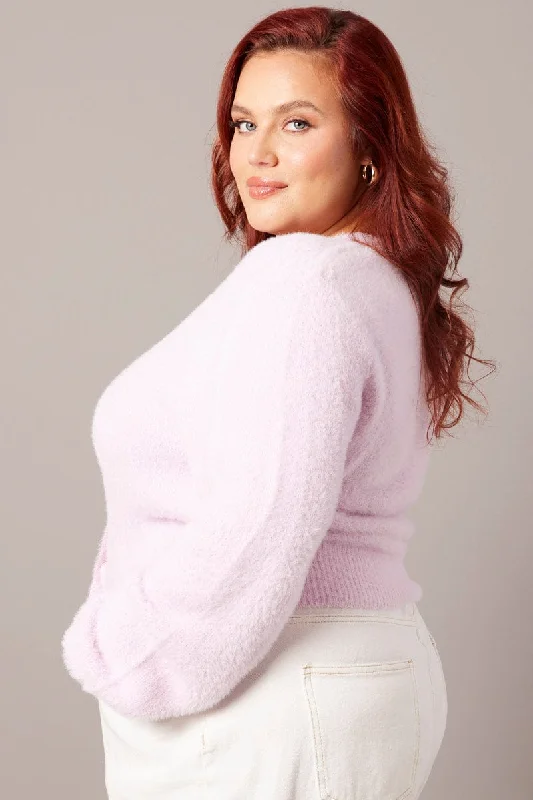 Pink Fluffy Knit Cardigan Long Sleeve V-neck