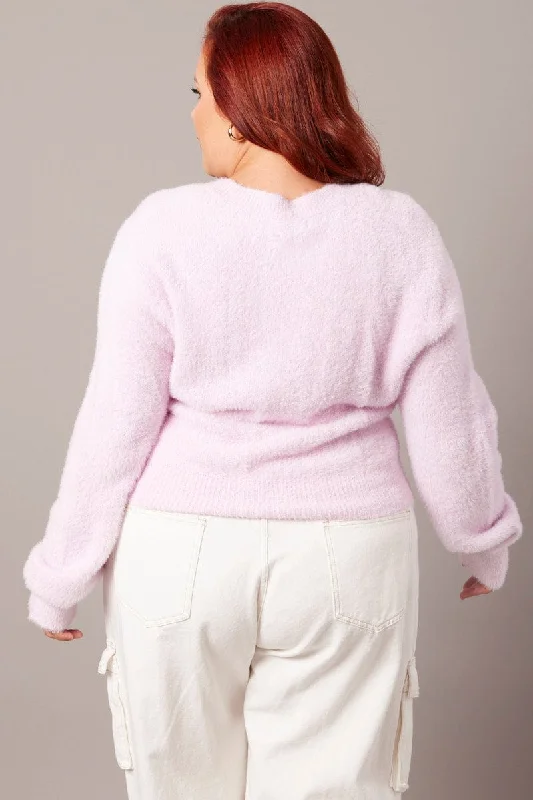 Pink Fluffy Knit Cardigan Long Sleeve V-neck