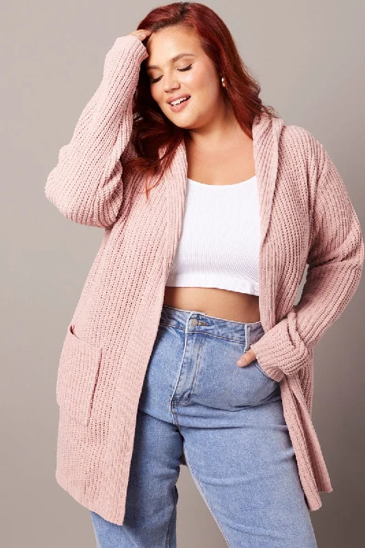 Pink Knit Cardigan Hooded Longline Chenille