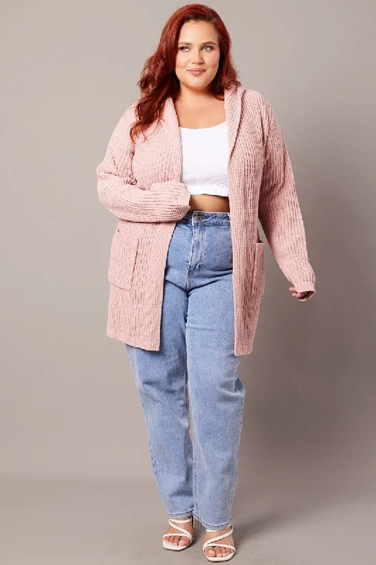 Pink Knit Cardigan Hooded Longline Chenille