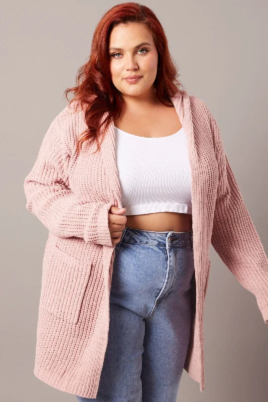 Pink Knit Cardigan Hooded Longline Chenille