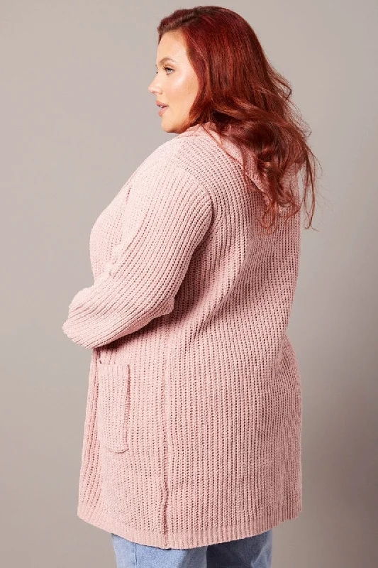 Pink Knit Cardigan Hooded Longline Chenille