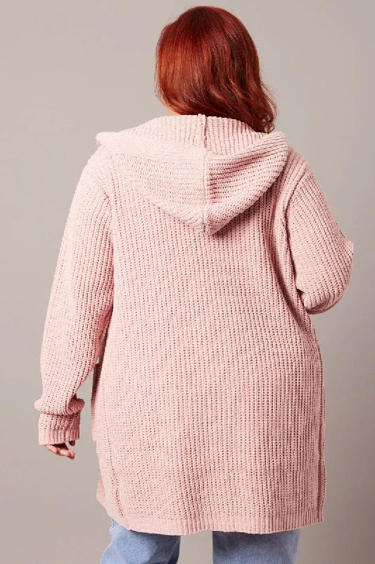 Pink Knit Cardigan Hooded Longline Chenille