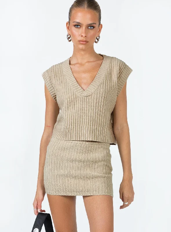 Saddle Knit Mini Skirt Beige