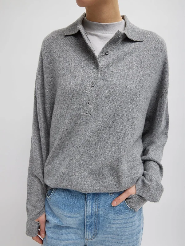 Washable Cashmere Easy Polo in Heather Grey