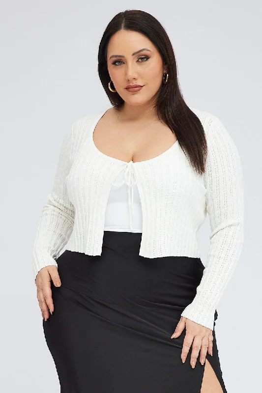 White Knit Cardigan Long Sleeve Round Neck