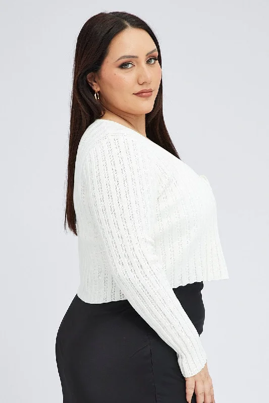 White Knit Cardigan Long Sleeve Round Neck