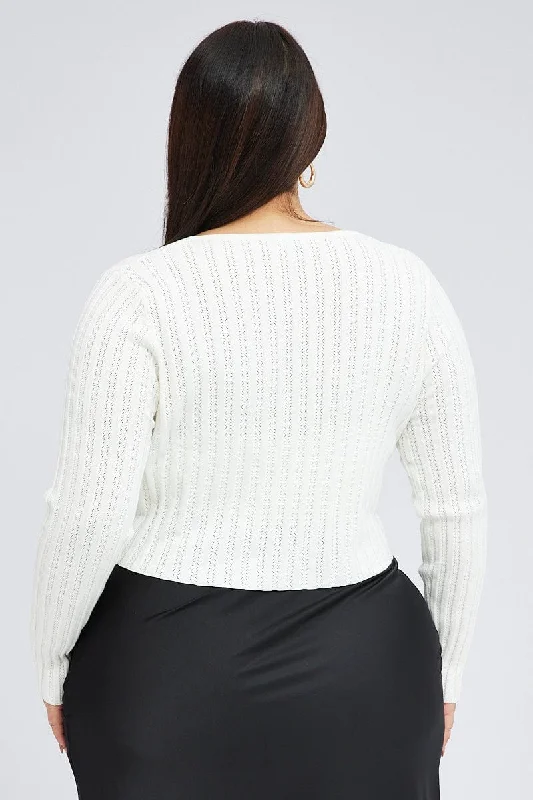 White Knit Cardigan Long Sleeve Round Neck