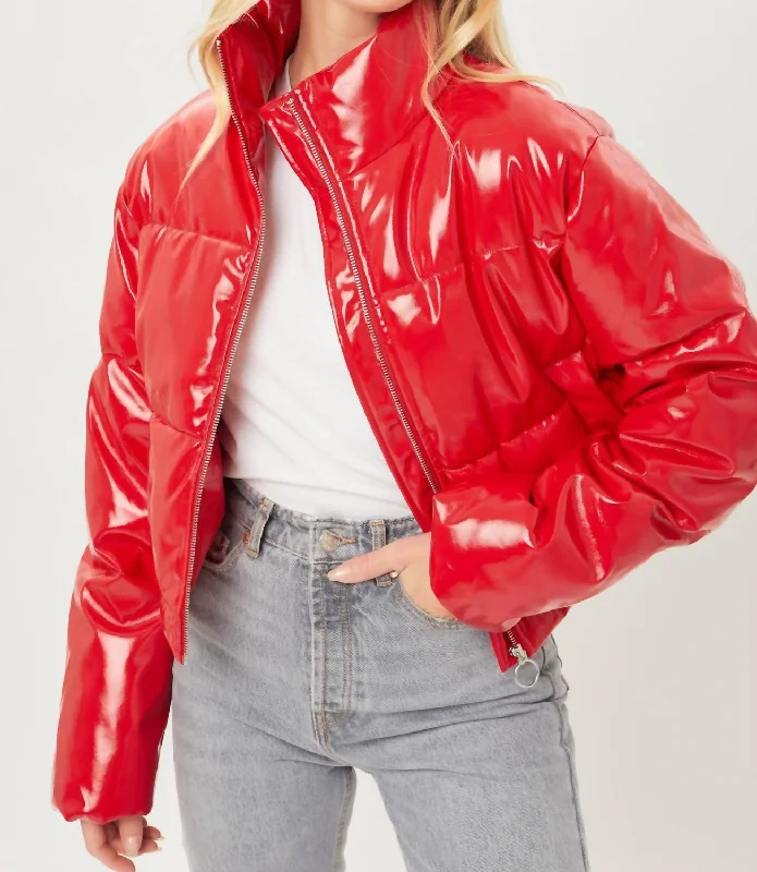 Faux Patent Leather Puffer Jacket In Red