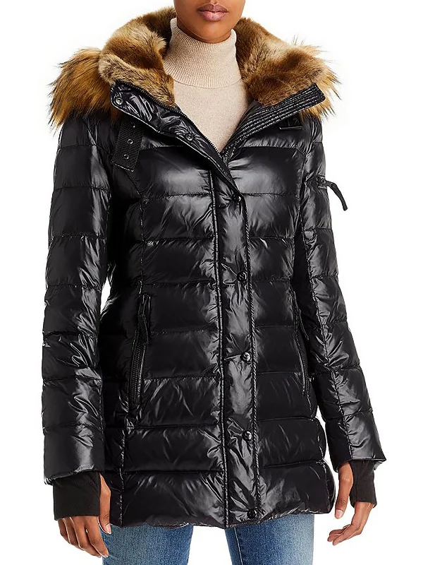 Womens Faux Fur Trim Cold Weather Puffer Jacket