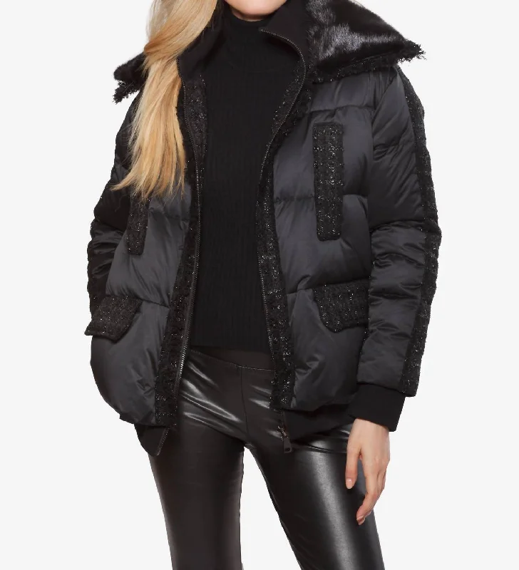 Women's Metallic Tweed Mink And Down Puffer Jacket In Black