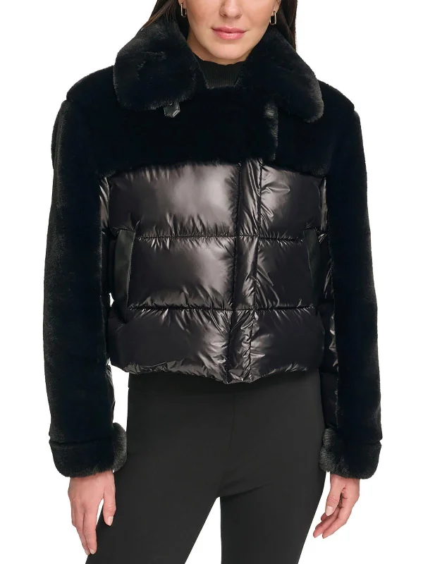 Womens Quilted Faux Fur Trim Puffer Jacket