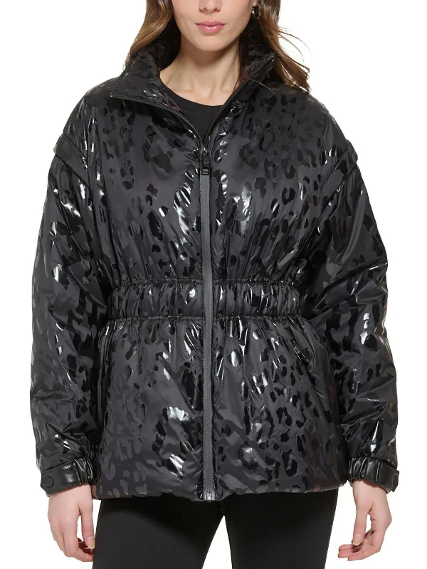 Womens Stand Collar Animal Print Puffer Jacket