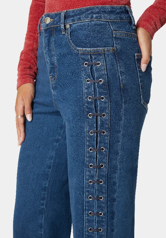 High Waist Eyelet Lace Up Wide Leg Jean