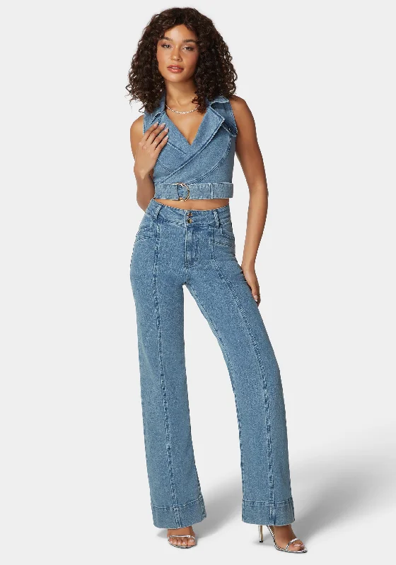 High Waist Seam Detail Ultra Wide Leg Jeans