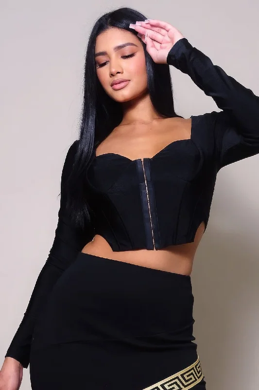 Hot Girl Queen Anne Long Sleeve Corset Top In Black