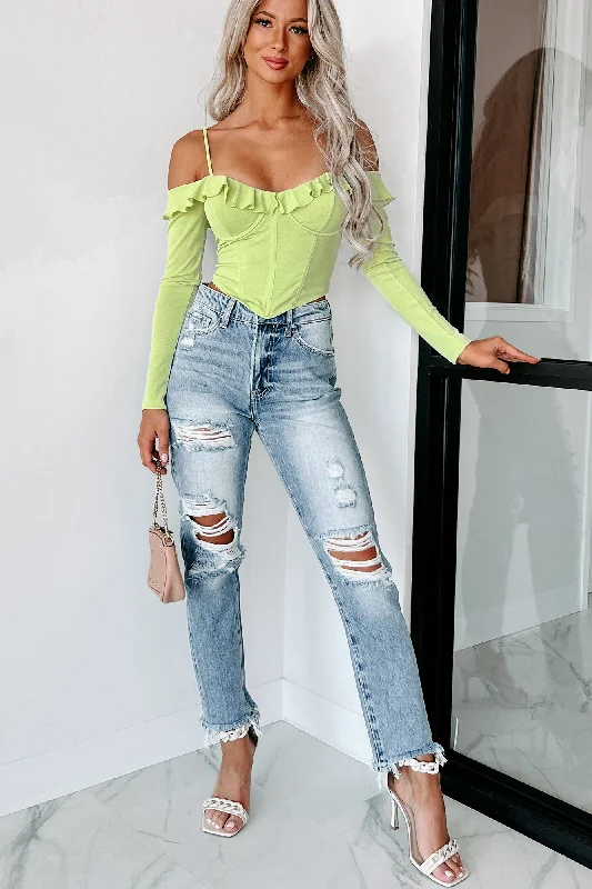 Flirty But Innocent Off The Shoulder Long Sleeve Corset Top (Green Tea)