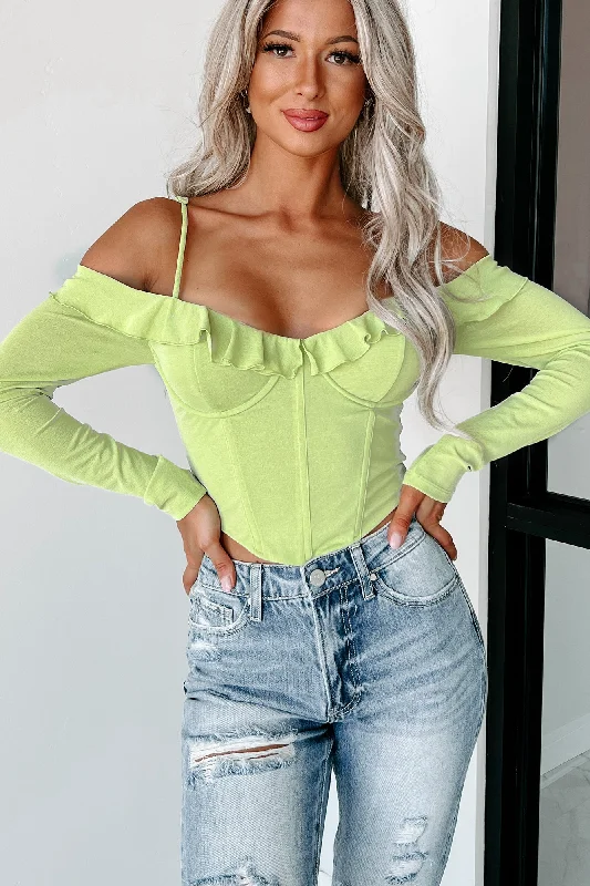 Flirty But Innocent Off The Shoulder Long Sleeve Corset Top (Green Tea)