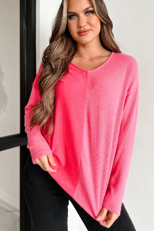 Meeting For Coffee Mixed Knit Long Sleeve Top (Pink)