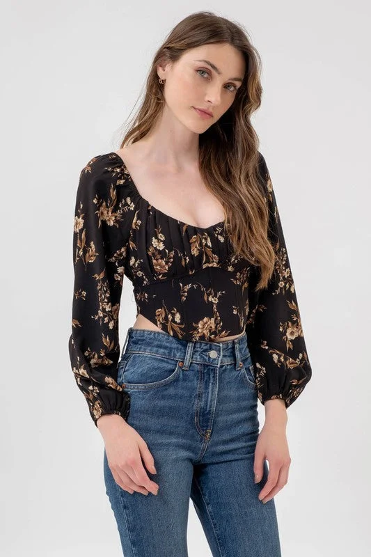 NATALIE FLORAL LONG SLEEVE BACK TIE CORSET CROP TOP