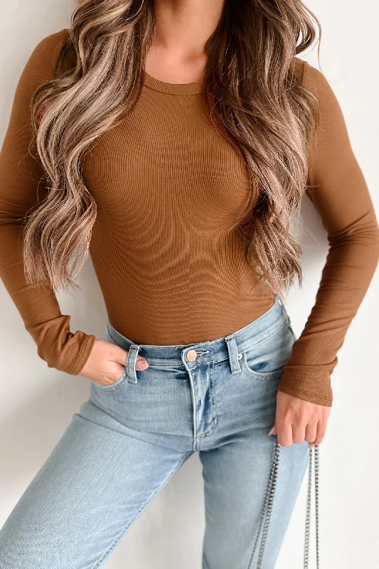 Simple Yet Practical Ribbed Long Sleeve Bodysuit (Toffee)