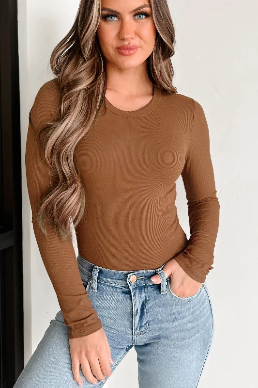 Simple Yet Practical Ribbed Long Sleeve Bodysuit (Toffee)