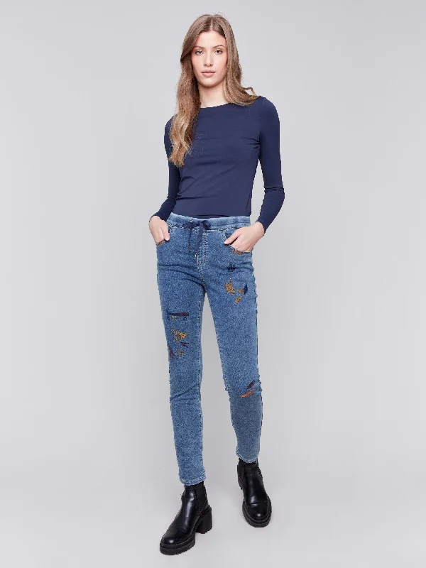 Embroidered Knit Denim Jogger Pants - Medium Blue