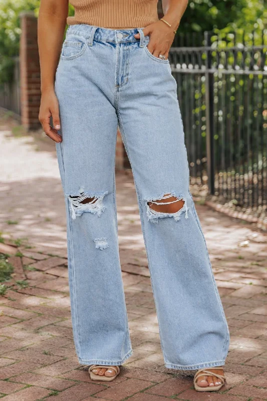 Medium Light Wash Distressed Wide Leg Jeans - FINAL SALE