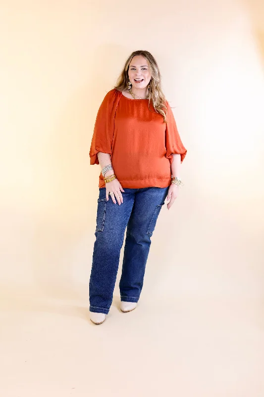 Flash A Smile Half Balloon Sleeve Satin Blouse in Red Orange