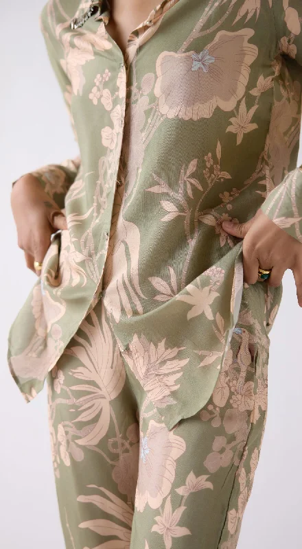 Green Muslin Floral Printed Shirt