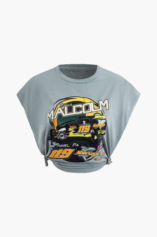 Race Car Print Knot Round Neck Side-slit Cut Out T-shirt