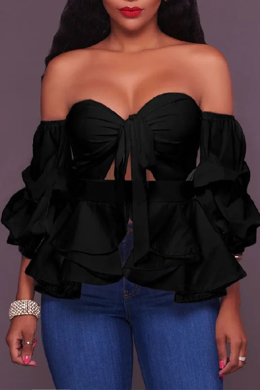 Solid Color Pretty Falbala Off Shoulder Strappy Blouse