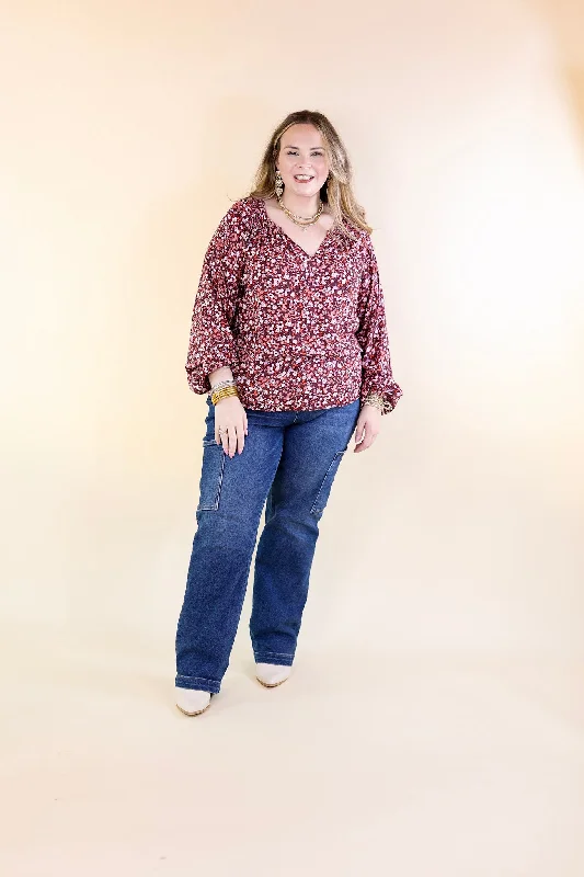 Wide Open Spaces Notched Neck Fall Floral Top with Long Balloon Sleeves in Maroon