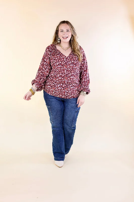 Wide Open Spaces Notched Neck Fall Floral Top with Long Balloon Sleeves in Maroon